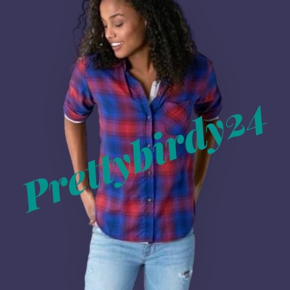 AEO Red & Blue Vintage Boyfriend Plaid Button Down